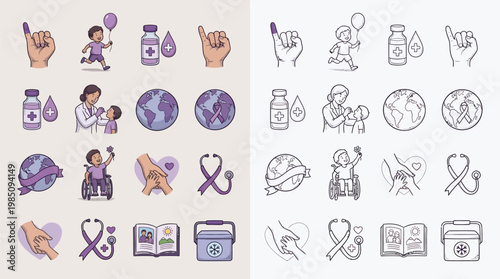 Collection of colorful and line art icons representing childhood cancer awareness, including a child running with a balloon, medical symbols, and support imagery.