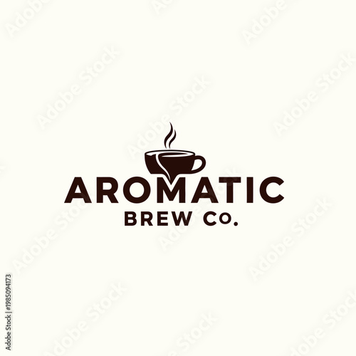 Aromatic Brew Co. logo with steaming coffee cup illustration.