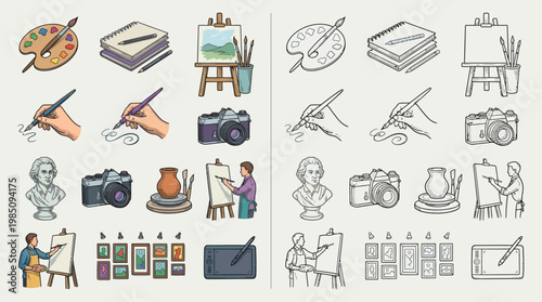 A collection of artistic tools and supplies, including paint palettes, brushes, easels, canvases, cameras, and sculptures, presented in both color and line art.