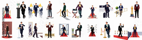 Illustrations of elegant men in various tuxedo styles attending glamorous red carpet movie premieres and prestigious award ceremonies in a flat design aesthetic.
