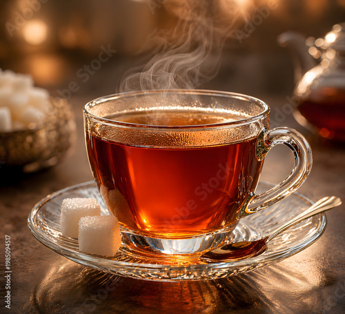 Hot black tea in glass cup with steam and sugar cubes on warm rustic table