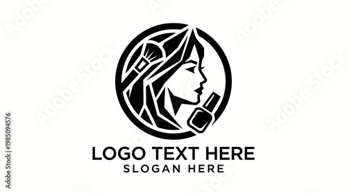 A striking black and white circular logo featuring a woman's profile with makeup brushes and nail polish, symbolizing beauty and cosmetics.