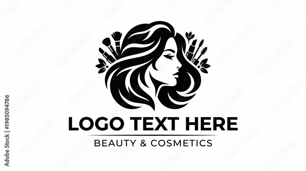 Obraz premium A black and white logo featuring a woman's profile with flowing hair surrounded by various makeup brushes and cosmetic tools, with 'BEAUTY & COSMETICS' text below.