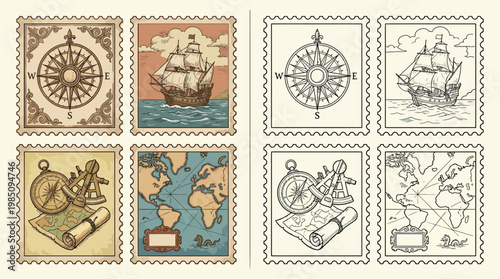 Collection of vintage postage stamps depicting nautical themes like compasses, sailing ships, maps, and navigational tools.