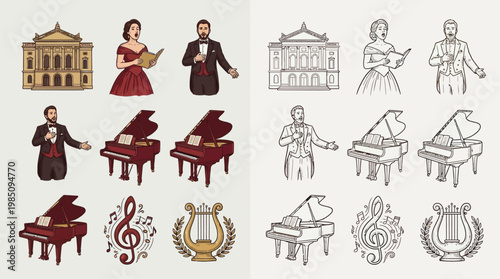 Collection of colorful and monochrome illustrations depicting opera houses, singers, pianos, musical notes, and lyres, representing the world of classical music and performance.