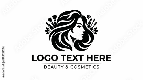 A black and white logo featuring a woman's profile with flowing hair surrounded by various makeup brushes and cosmetic tools, with 'BEAUTY & COSMETICS' text below.