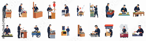 Flat vector collection of Japanese street food chefs preparing and serving traditional snacks like takoyaki at a festival or market.