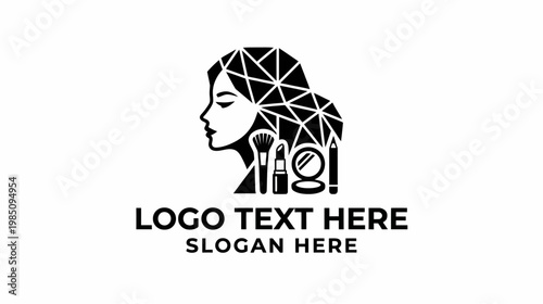 Black and white logo featuring a woman's profile with geometric hair and makeup tools, suitable for beauty brands and salons.