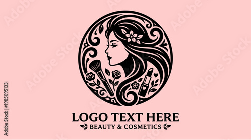Elegant black and white circular logo featuring a woman's profile with makeup brush, lipstick, and roses, set against a soft pink background.