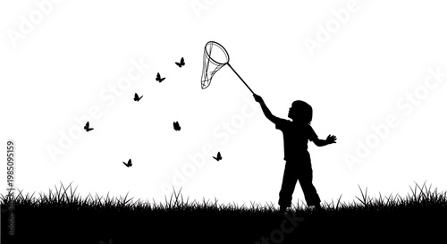 A black silhouette of a child holding a butterfly net and chasing butterflies in a grassy field