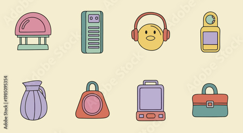 Collection of various everyday objects and items in a colorful, cartoonish style.