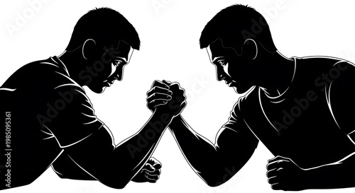 A black silhouette illustration of two men engaged in an arm wrestling match on a white background