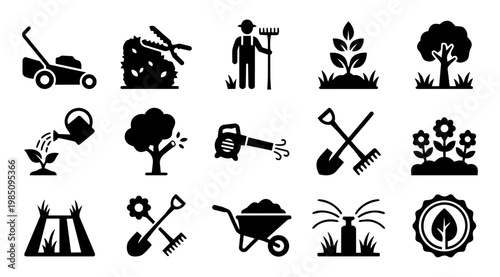 Garden Service Silhouettes Set Landscaping Lawn Care Gardening Icons Vector