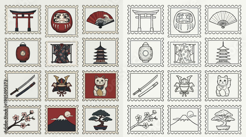 A collection of postage stamps featuring traditional Japanese cultural symbols and motifs, including torii gates, fans, pagodas, samurai helmets, and cherry blossoms.