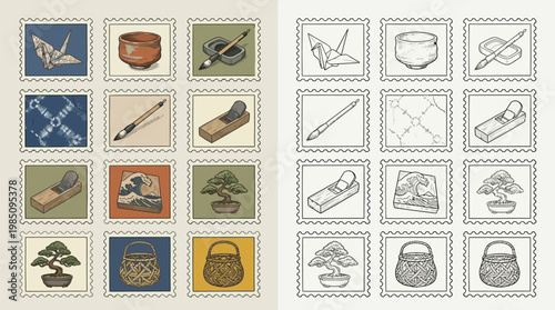 Collection of Japanese cultural icons depicted as postage stamps, featuring origami, tea ceremony items, bonsai trees, and traditional crafts.