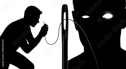 A silhouette of a man eavesdropping on another person through a wiretap