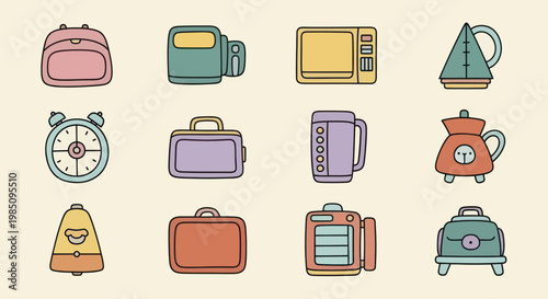 Collection of various household appliances and everyday objects in a doodle style.