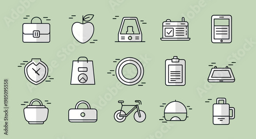 Collection of various line art icons representing everyday objects and activities.