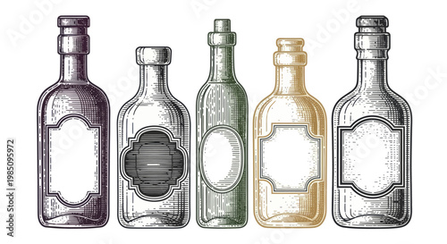 Collection of Vintage Engraved Empty Alcohol Bottles with Blank Labels.