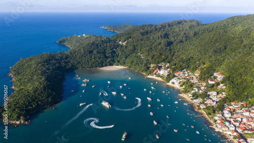 Aerial view of Caixa d Aco bay with boats and luxury leisure scene in Porto Belo Brazil.
