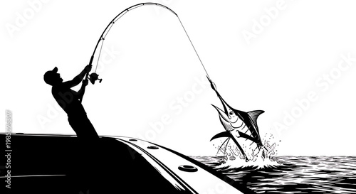 A black and white vector graphic illustration of a man fishing on a boat catching a large marlin fish