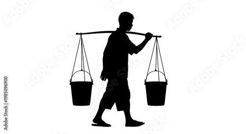 A minimalist silhouette of a man carrying two buckets on a yoke