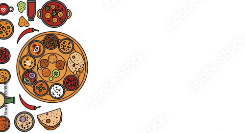 Indian Thali Food Illustration Vector Set with Various Curries, Naan Bread, and Traditional Dishes on White Background with Copy Space.