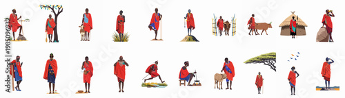 Vector illustration set depicting the Maasai people of Kenya and Tanzania in traditional dress, performing various daily tasks and cultural activities.