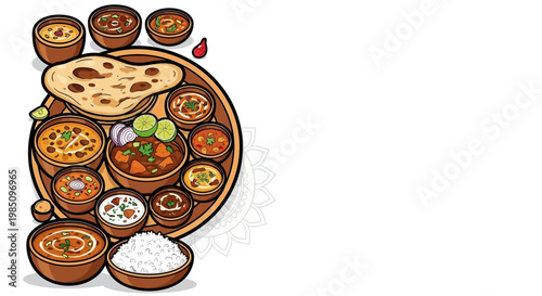 Traditional Indian Thali Vector Illustration with Naan, Rice, and Various Curries on Wooden Platter, Delicious Asian Food Concept with Copy Space.