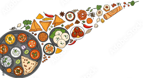 Indian Food Collection Vector Illustration with Thali, Samosa, Dosa, and Idli, Traditional Asian Cuisine Concept with Scattered Spices and Sweets.