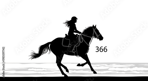 A vector graphic illustration of a woman riding a horse on the beach in a minimalist silhouette style