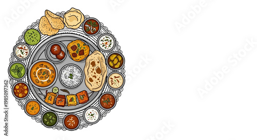 Indian Food Thali Vector Illustration with Various Curries, Naan Bread, Rice, and Paneer Tikka