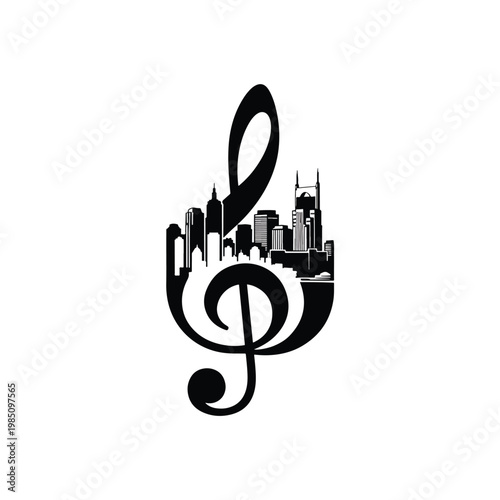 Nashville skyline silhouette inside a musical treble clef symbol.