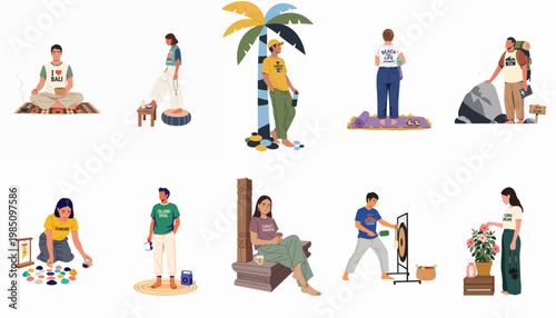 Set of diverse people engaged in wellness, travel, and mindful activities like meditation, yoga, hiking, and gardening on a white background.