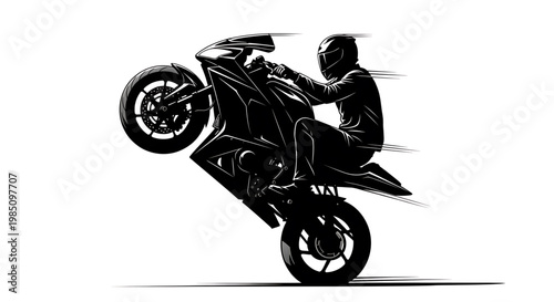 A black silhouette of a motorcyclist performing a wheelie on a white background