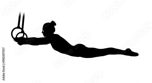 A woman in a black silhouette performs a gymnastics routine on the still rings