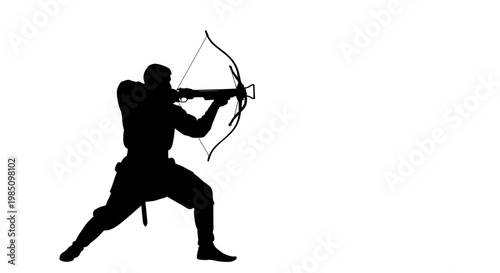 A black silhouette of a man aiming a bow and arrow in a dynamic stance