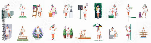 Large collection of flat vector illustrations featuring female tennis players in white outfits during training, competition, and moments of rest.