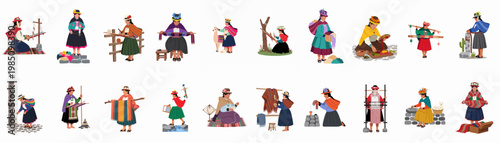 Flat Vector Illustration Set of Traditional Andean Women Weaving, Spinning, and Dyeing Wool in the Peruvian Highlands.