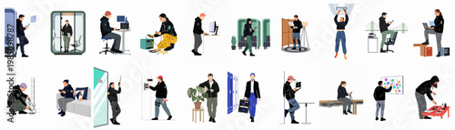 Set of flat vector illustrations depicting technical professionals, IT specialists, and security experts working on various tasks in modern environments.