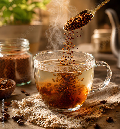 Instant coffee granules being poured into hot water in glass cup with steam