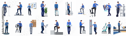 Comprehensive Set of Flat Vector Illustrations Showing a Professional Businessman Engaging in Various Daily Office Tasks, Presentations, and Work-Related Activities.