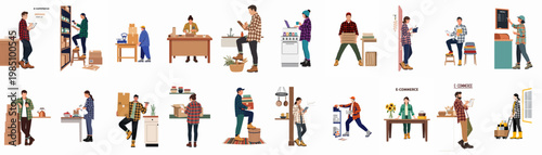 Collection of diverse entrepreneurs and small business workers managing e-commerce, logistics, inventory, and retail tasks, shown in a flat vector style.