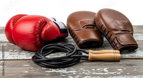 Boxing equipment on wooden surface.