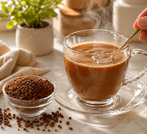Hot coffee being stirred in glass cup with steam and instant coffee granules