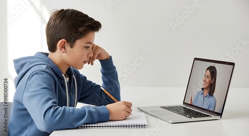 Boy learning online with laptop computer.