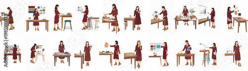 Collection of flat vector illustrations depicting a professional woman in various office work scenarios, including presentations, digital tasks, and creative brainstorming sessions.