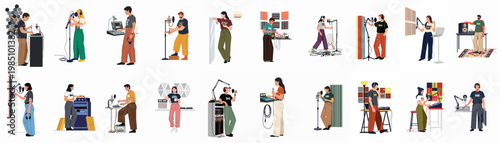Collection of diverse people in a music recording studio environment, featuring singers, sound engineers, and producers in a modern flat illustration style.