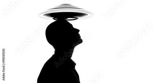 A silhouette of a man with a UFO on his head against a white background