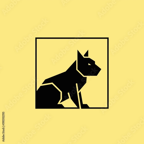 Geometric Black Dog Silhouette Sitting Inside Square Frame.